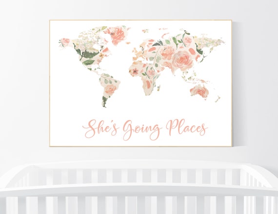 Nursery decor girl, Floral World Map, Girl Nursery Decor, Travel Nursery Art,  blush nursery, Nursery baby girl room, she's going places