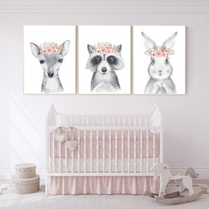 Nursery decor girls, Nursery prints woodland, flower nursery, nursery prints animals, nursery decor girl flower, boho nursery, blush pink