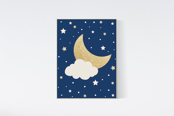 Navy gold cloud, moon and stars, baby boy nursery, navy nursery decor, moon nursery, nursery decor, nursery wall art