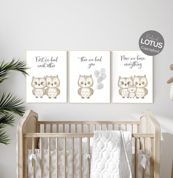 Owl nursery wall art, grey nursery, first we had each other then we had you, gender neutral nursery, owl prints for nursery, owl wall art