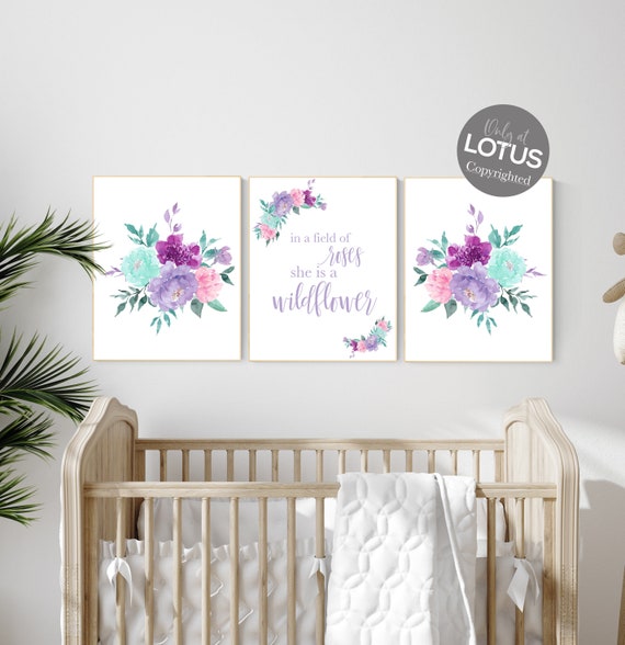 Boho nursery, girls room decor, floral nursery, pink purple teal, girl nursery, in the field of roses be a wildflower, floral nursery prints