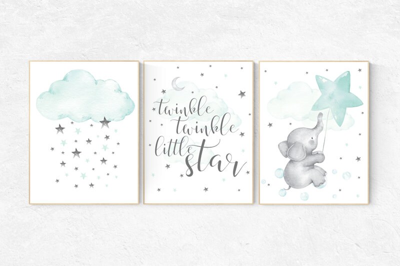 Mint green nursery decor, baby room decor elephant, nursery wall art