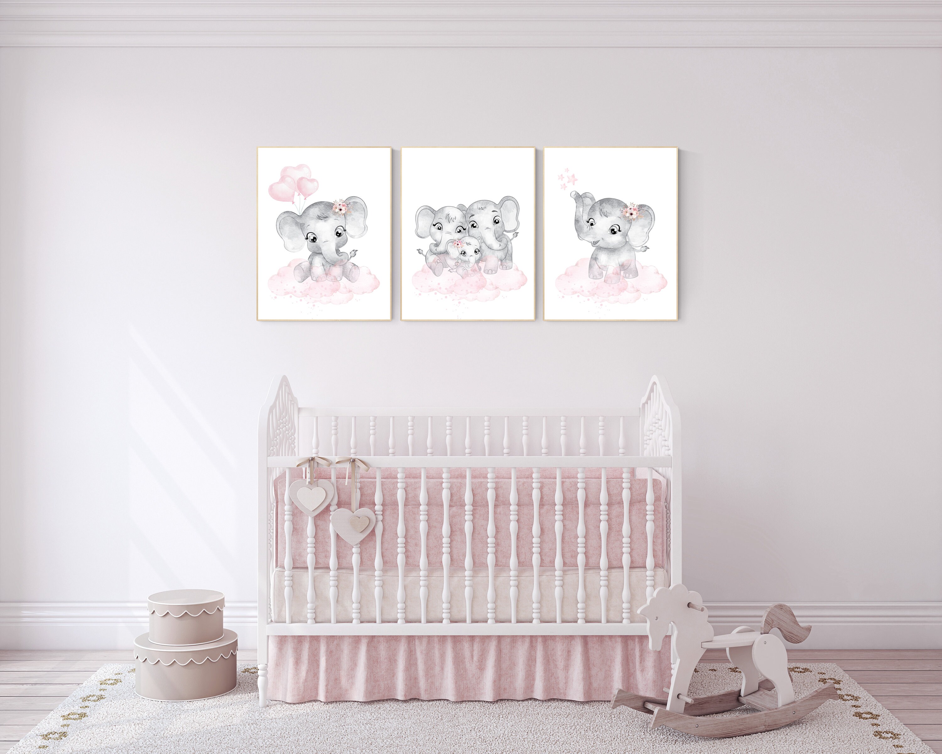 Nursery decor girl pink and gray, Elephant nursery wall art, girl