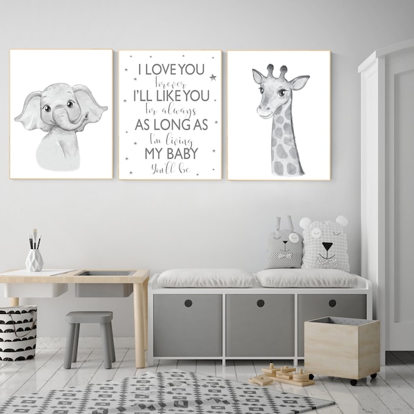 Nursery wall art animals, grey nursery, gender neutral nursery, neutral nursery, baby room decor, elephant, giraffe, gray nursery, quote