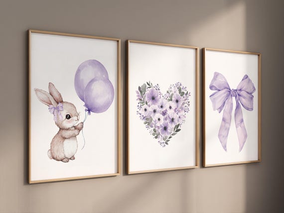 purple bunny nursery art, watercolor rabbit print, floral heart wall decor, pastel bow baby room print, baby girl nursery wall art