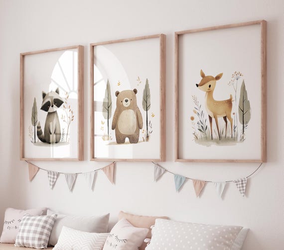 Woodland Nursery Prints – Raccoon, Bear & Deer Wall Art – Forest Animal Trio – Neutral Baby Room Decor – Unisex Nursery Poster Set