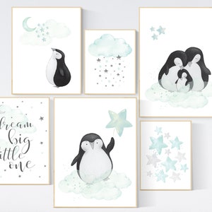 Mint Green Penguin Nursery Decor Prints: Gender Neutral Animal Art
