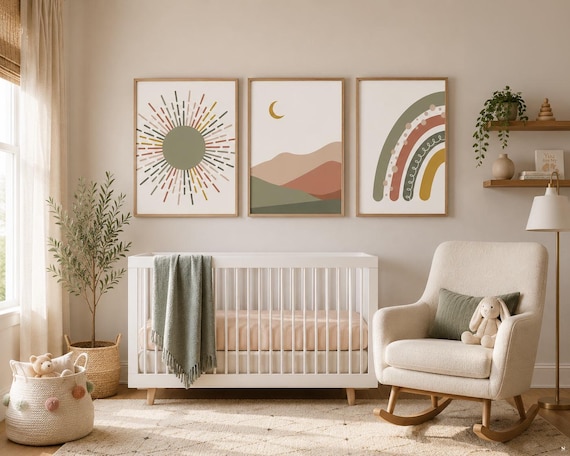 Boho Nursery Print Set: Rainbow, Sun, Moon, Abstract Art