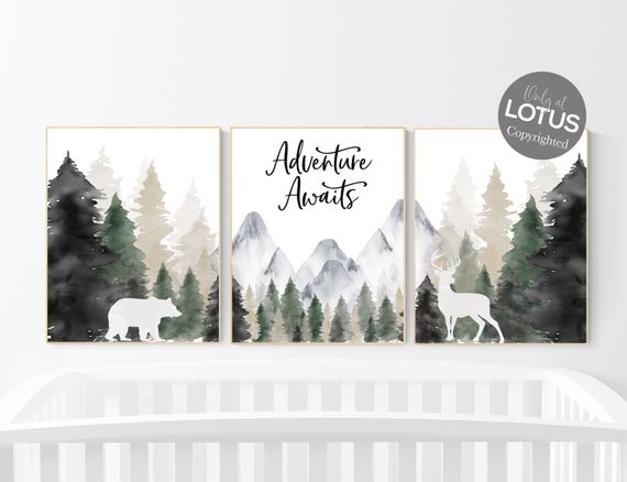 Nursery decor woodland, mountain wall art, tree nursery decor, adventure theme nursery, forest, sage green, beige, woodland animals