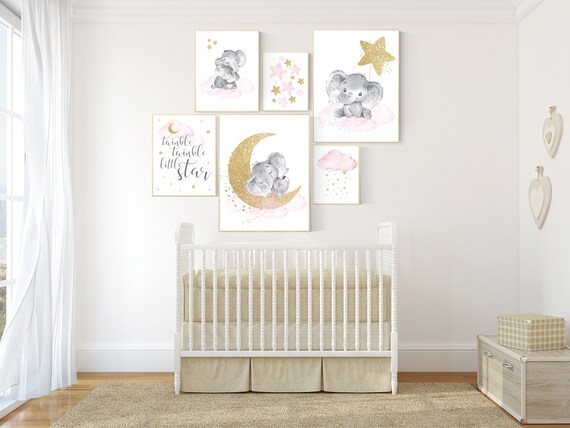 Nursery decor girl, Nursery decor elephant, baby room decor girl gold and pink, gold nursery art, to the moon and back, cloud stars nursery