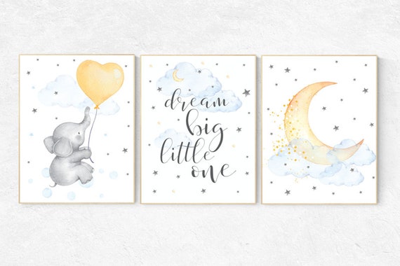 Nursery wall art elephant, dream big little one, cloud nursery decor, Nursery decor neutral moon and stars nursery moon , gender neutral