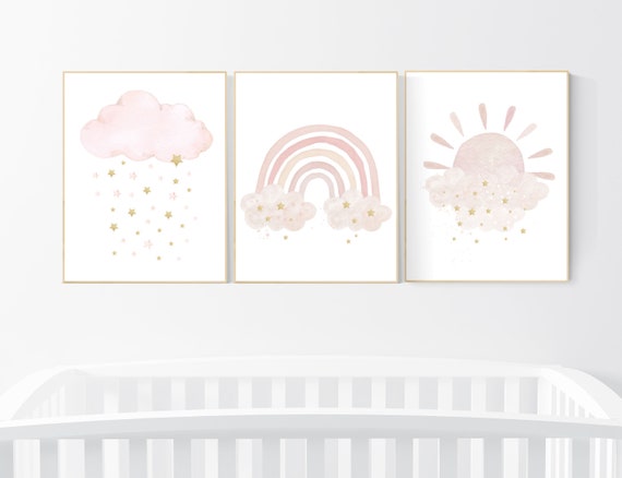 Nursery prints rainbow, blush Nursery decor girl, blush gold nursery wall art, blush pink, moon star, cloud, nursery wall art, sun nursery