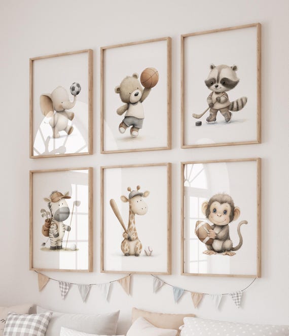 Sports Animal Watercolor Nursery Prints: Baby Boy Room Decor, Set of 6