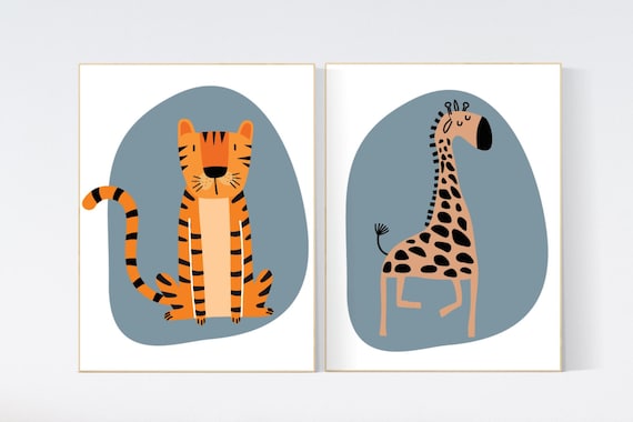Safari nursery, tiger giraffe wall art, jungle baby room decor, safari print, gender-neutral nursery, blue nursery, safari animal prints