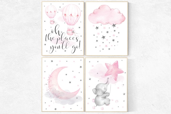 Nursery decor girl  elephant, nursery decor pink and gray, nursery decor hot air balloons, oh the places you'll go, cloud and stars nursery