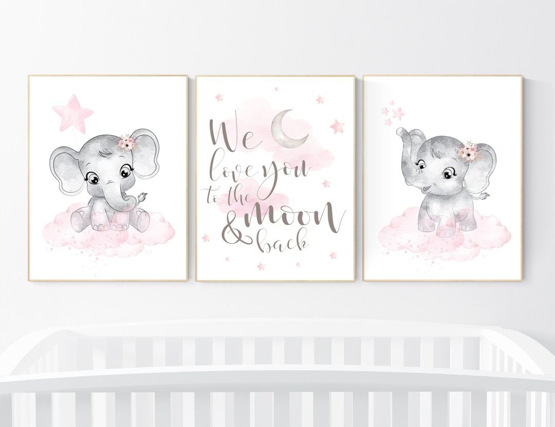 Nursery Decor Girl, Elephant Nursery, Nursery Wall Art Elephant, Baby ...