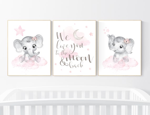 Nursery decor girl, Elephant nursery, nursery wall art elephant,  baby room, girl nursery decor, pink grey elephant, girl nursery art