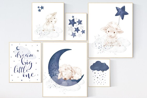 Lamb nursery print set, sheep nursery above crib art, navy nursery, sheep nursery art, sheep baby decor, Boy Wall Art, Baby Blue, Boy Lamb