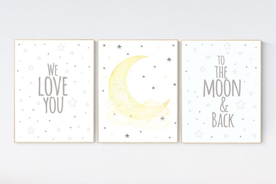 Yellow nursery decor, we love you to the moon and back, Yellow nursery decor, mint green nursery, moon and stars nursery, gender neutral