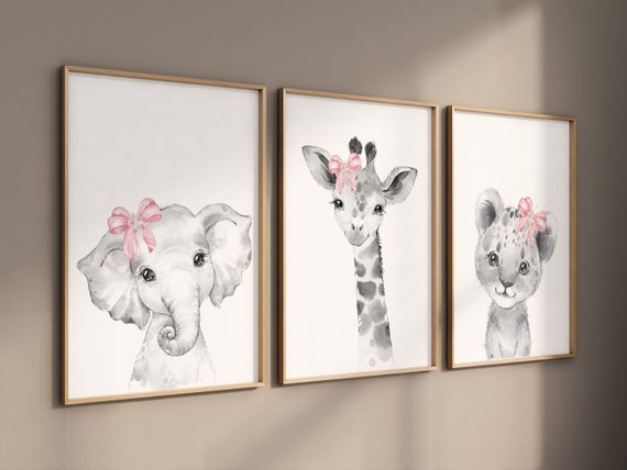 Girl nursery decor, Nursery wall art animals, Safari animals, Floral Nursery Prints, pink nursery, girls nursery decor, elephant nursery