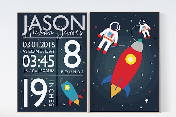 Nursery decor boy space, space nursery print, outer space nursery, space art, rocket nursery, astronaut nursery, boys room decor birth stats