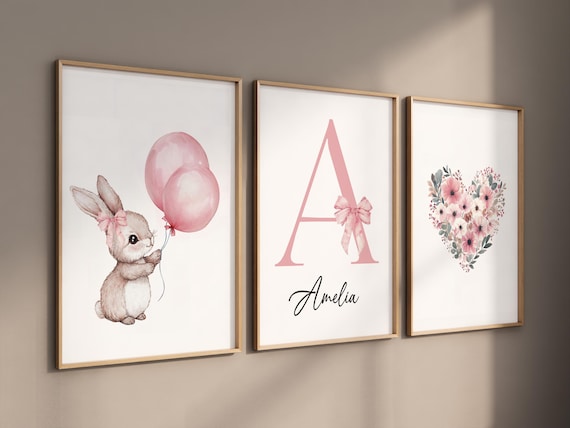 Personalized bunny nursery art, custom baby name print, pink balloon nursery decor, floral heart baby room print, rabbit nursery