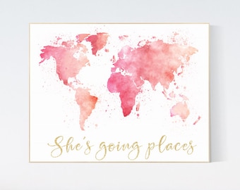 Pink gold world map watercolor, she&#39;s going places, blush pink and gold, world map print for nursery, nursery decor girl, pink and gold