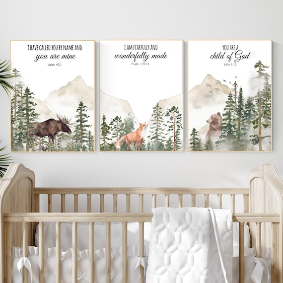 Woodland Nursery Decor: Mountain Animals, Bible Verse Art Print