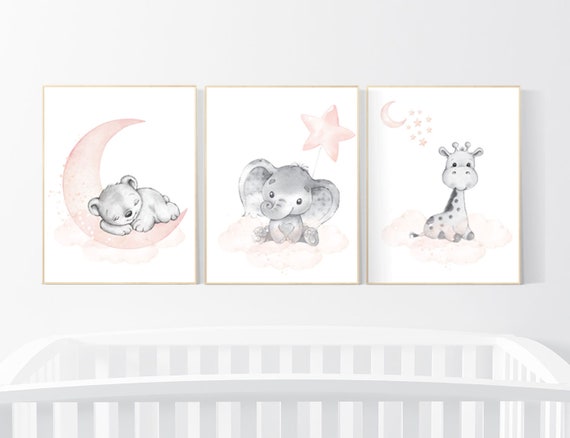 nursery decor girl blush gray, Animal nursery, nursery decor girl woodland animals, teddy bear, elephant, giraffe, baby girl nursery prints