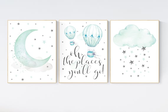 Nursery decor gender neutral, Mint nursery decor, Nursery wall art, Mint nursery decor, hot air balloon, mint nursery wall decor