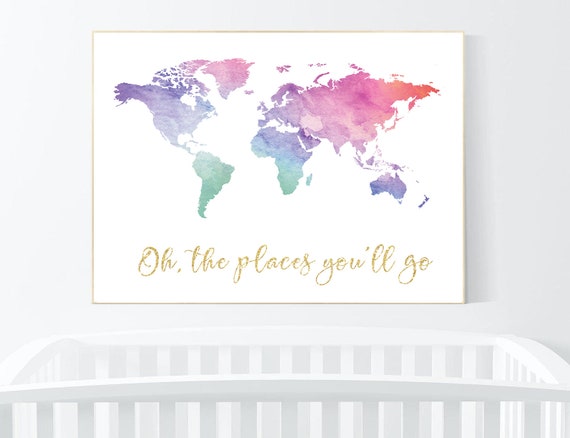 Watercolor world Map poster, world map wall art, nursery wall art, oh the places you'll go, pink purple, mint, gold, gender neutral