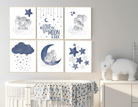 Nursery decor boy elephant, nursery wall art boy, moon and stars, navy blue, elephant nursery art, we love you to the moon and back, navy