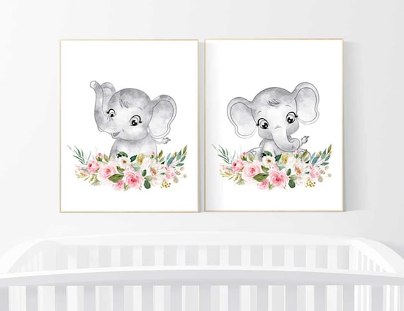 Floral nursery, elephant nursery wall art, Nursery decor girl boho, nursery decor girl flowers, woodland animals, boho nursery, elephants