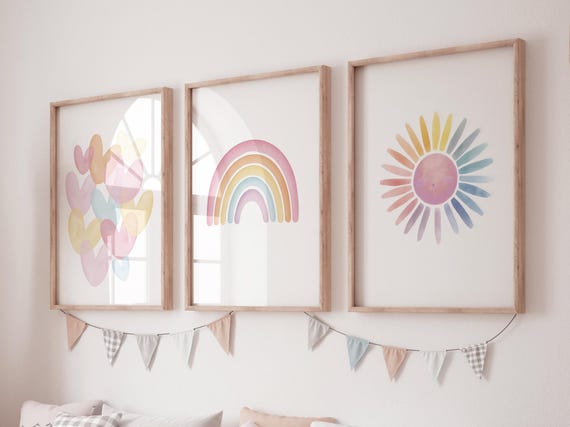 Pastel Rainbow Nursery Wall Art Set, Hearts Sun Prints