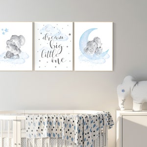 Nursery decor boy elephant, nursery wall art elephant, baby room decor boy, dream big little one, Elephant Nursery Art, Baby Boy Nursery Art