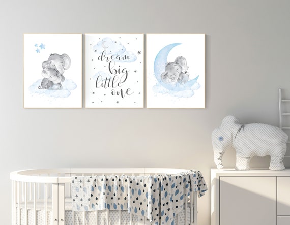 Nursery decor boy elephant, nursery wall art elephant, baby room decor boy, dream big little one, Elephant Nursery Art, Baby Boy Nursery Art