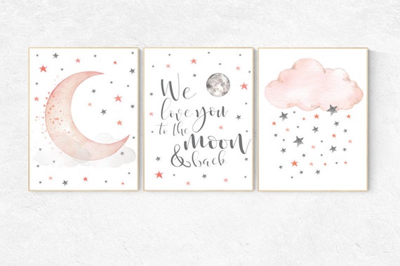 Nursery decor girl coral, we love you to the moon and back, cloud and stars, moon and stars nursery, coral and gray, coral nursery