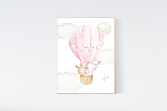 Nursery decor girl woodland, hot air balloon nursery, nursery decor woodland animal, hot air balloon nursery animal, pink nursery print