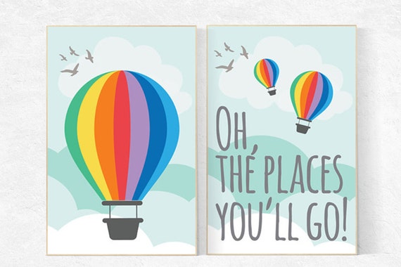 Oh the places you'll go, hot air balloon, set of 2 prints, playroom decor, nursery decor, nursery art, nursery print set, large nursery art