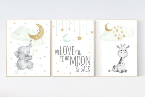 Nursery decor elephant, nursery decor neutral. neutral, green nursery wall art,green gold nursery, moon and stars nursery, gold nursery