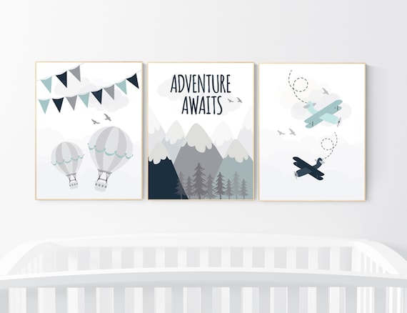 Adventure nursery decor, travel adventure nursery, nursery wall art boy, nursery prints boy mountain, airplane, world map, adventure awaits