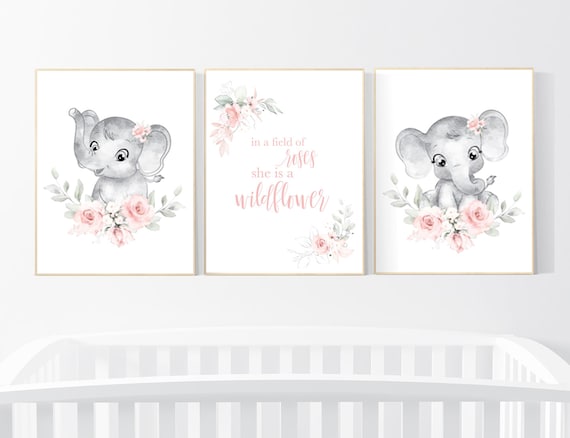 Nursery decor girl flower, blush, elephant nursery wall art, nursery decor girl floral, nursery decor girl woodland, floral nursery, boho