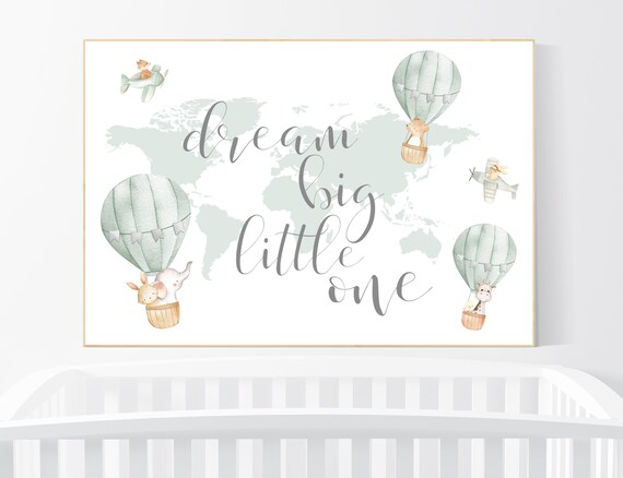 Nursery decor neutral, green, sage green wall art, gender neutral nursery decor, baby room decor, nursery prints neutral, hot air balloon