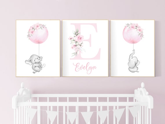 Nursery decor girl pink, nursery decor flower, elephant nursery wall decor, floral nursery, girl nursery wall art, pink nursery, boho