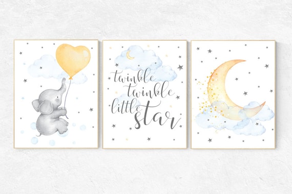 Nursery decor neutral, twinkle twinkle little star, elephant nursery wall art, moon and stars nursery gender neutral, elephant balloon