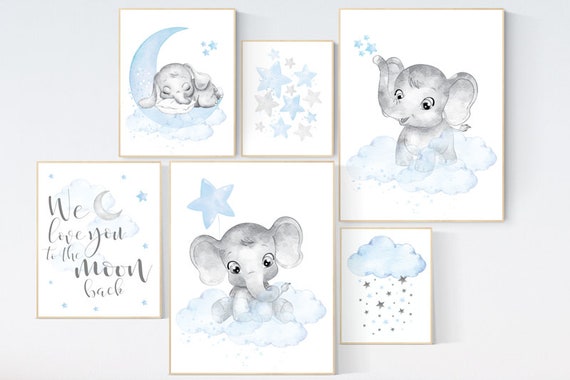 Nursery decor boy elephant, nursery wall art boy, Blue gray, baby room art elephant, nursery wall decor, we love you to the moon and back