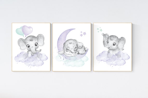 Nursery decor girl purple teal, elephant nursery, nursery decor girl purple, lilac, lavender, mint, nursery decor elephant, girl nursery