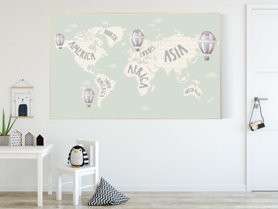 World map nursery, World map wall art, gender neutral nursery, mint green, kids room, nursery wall art map, map print world, map nursery