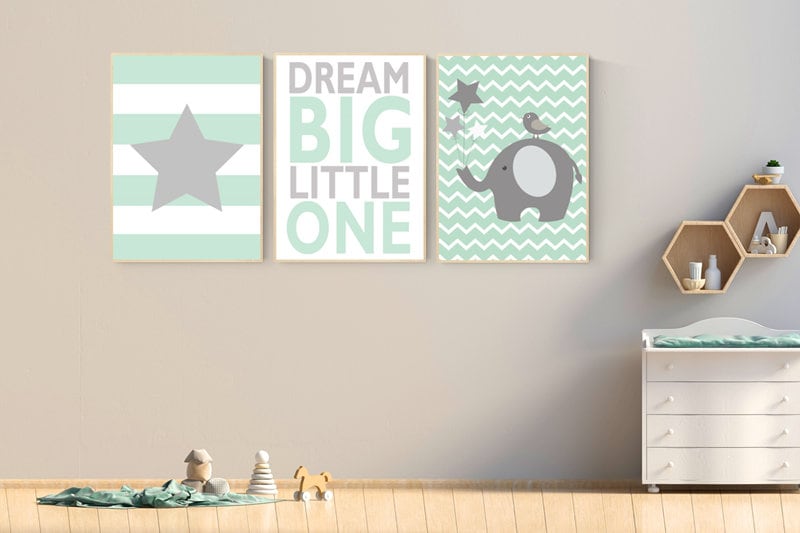 Nursery decor elephant, mint green nursery, nursery decor neutral