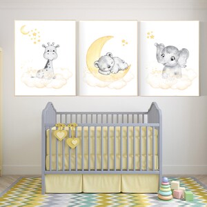 Yellow gray nursery, nursery wall art animals, Nursery decor neutral, elephant, giraffe, bear, moon, stars, gender neutral, yellow and gray